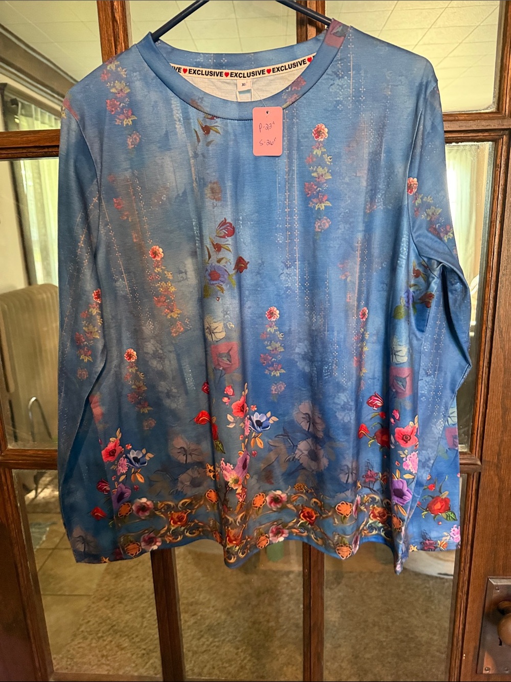 Exclusive Blue Floral Long Sleeve Recycled Fabric Crew Neck Top XL Whimsical